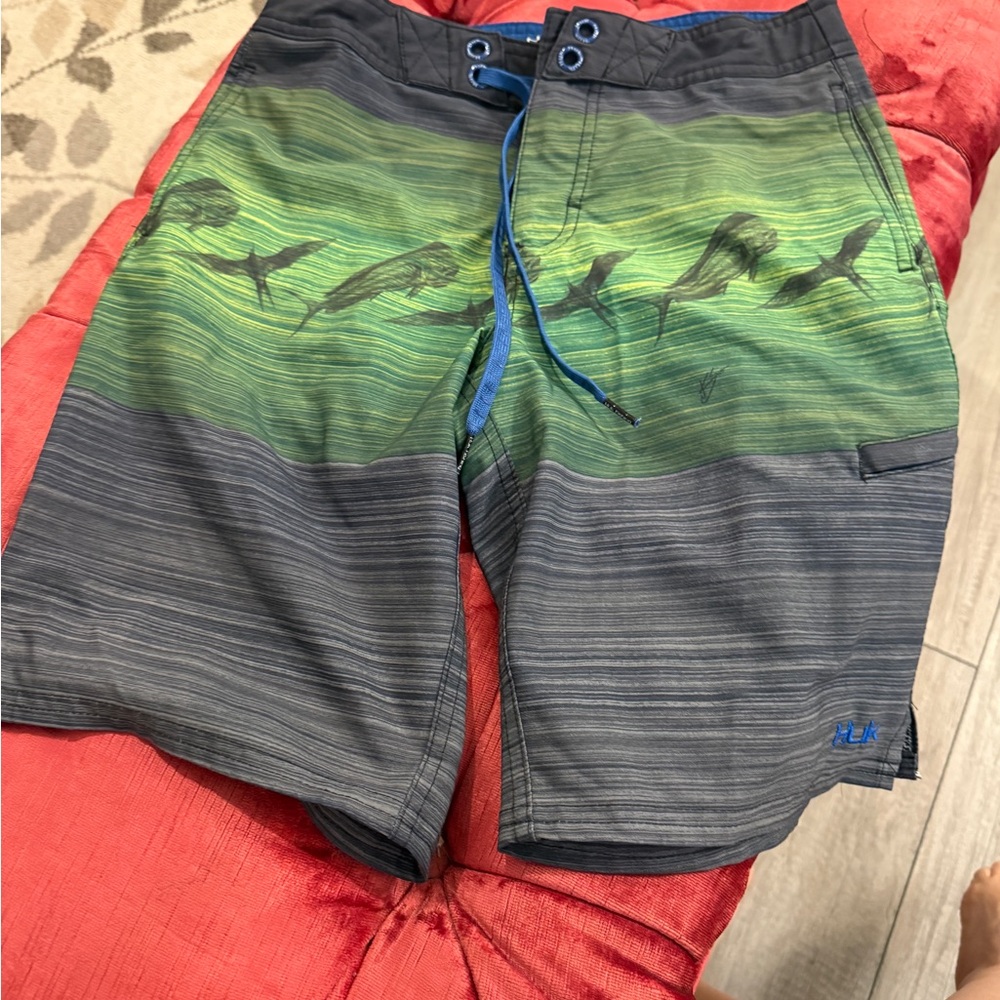 Huk Men's Oceanic Green and Charcoal Swim Shorts